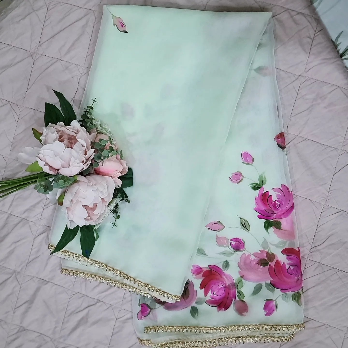 Pastel green organza with handpainted pink roses