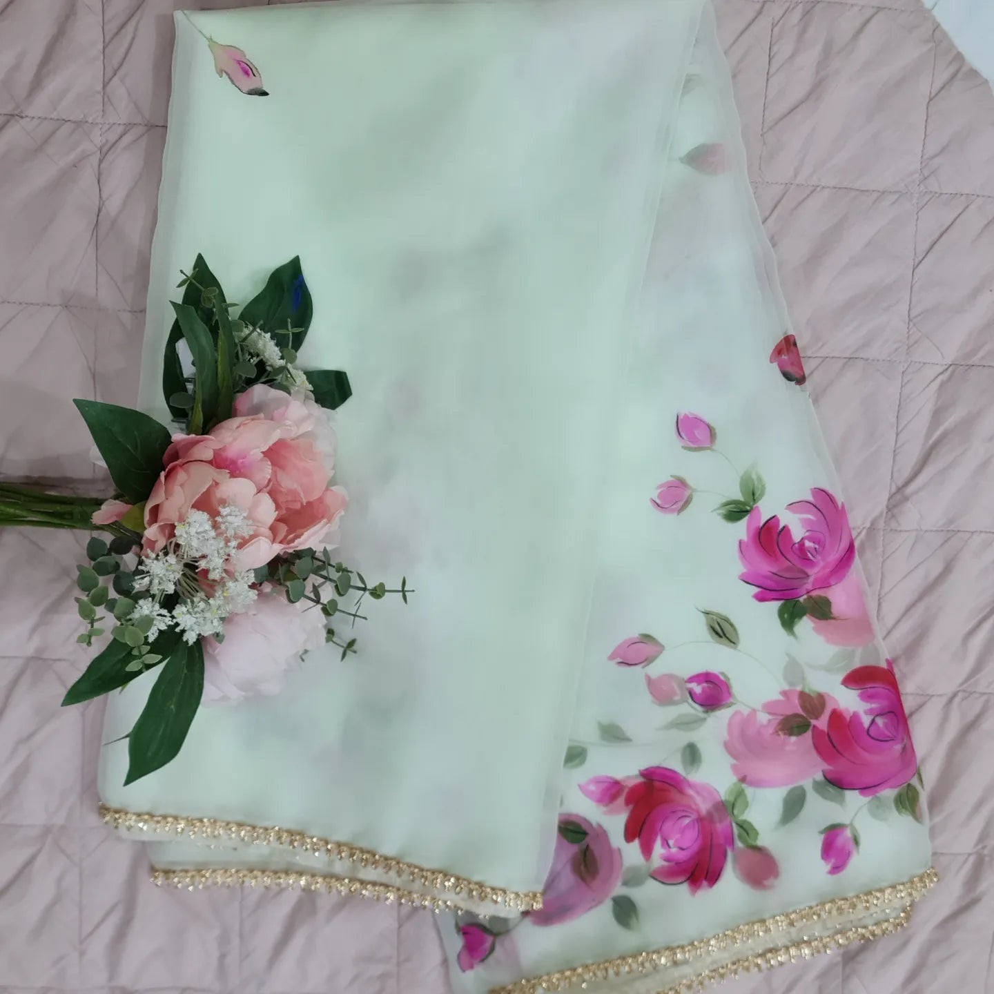 Pastel green organza with handpainted pink roses