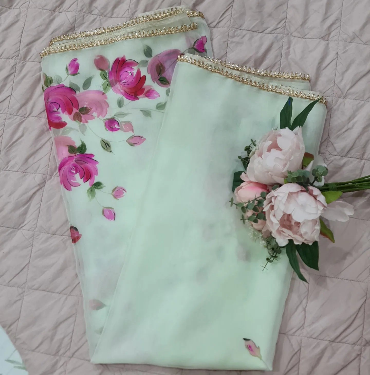 Pastel green organza with handpainted pink roses