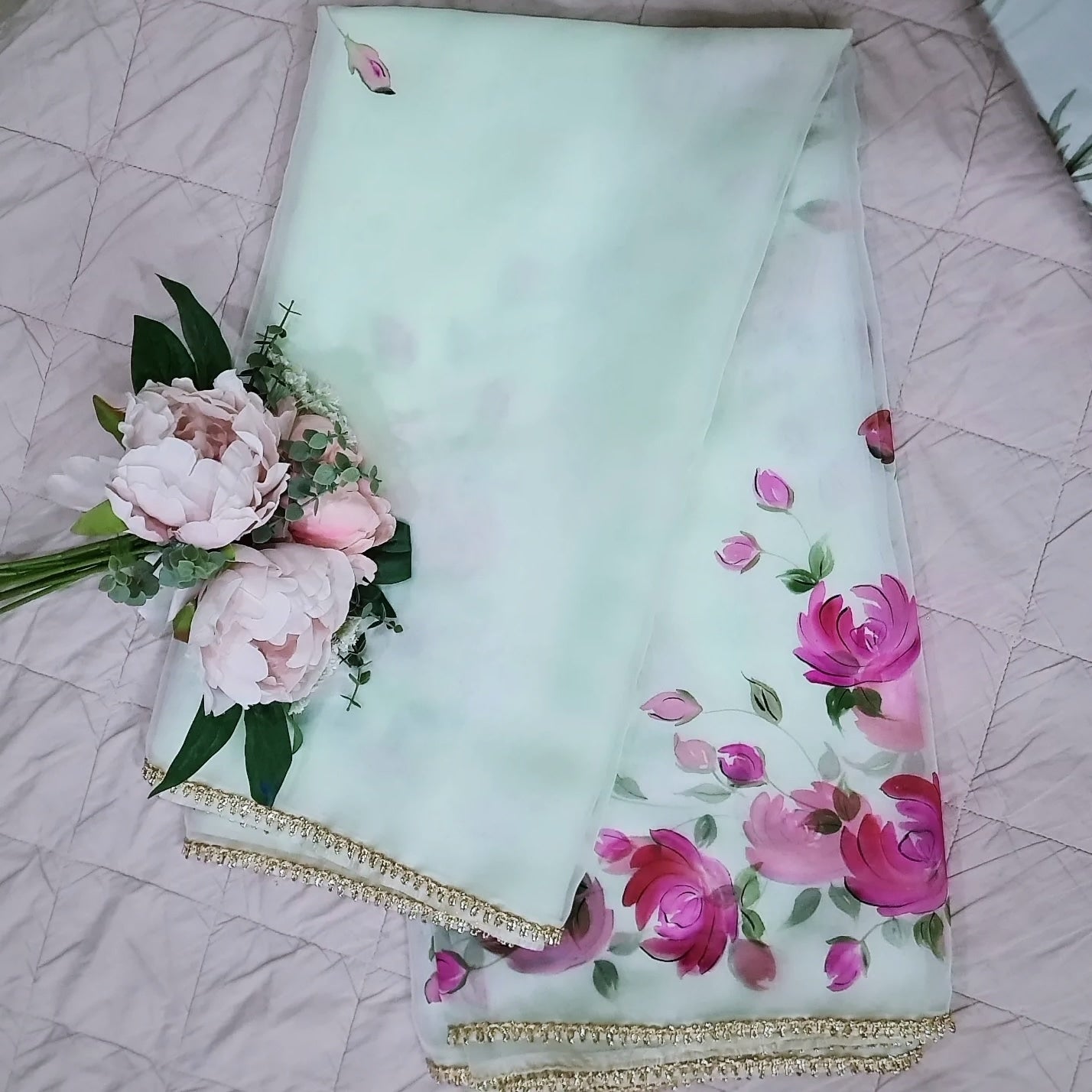 Pastel green organza with handpainted pink roses