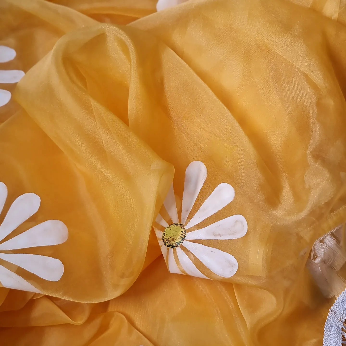 Yellow organza saree,with handpainted white Daisies