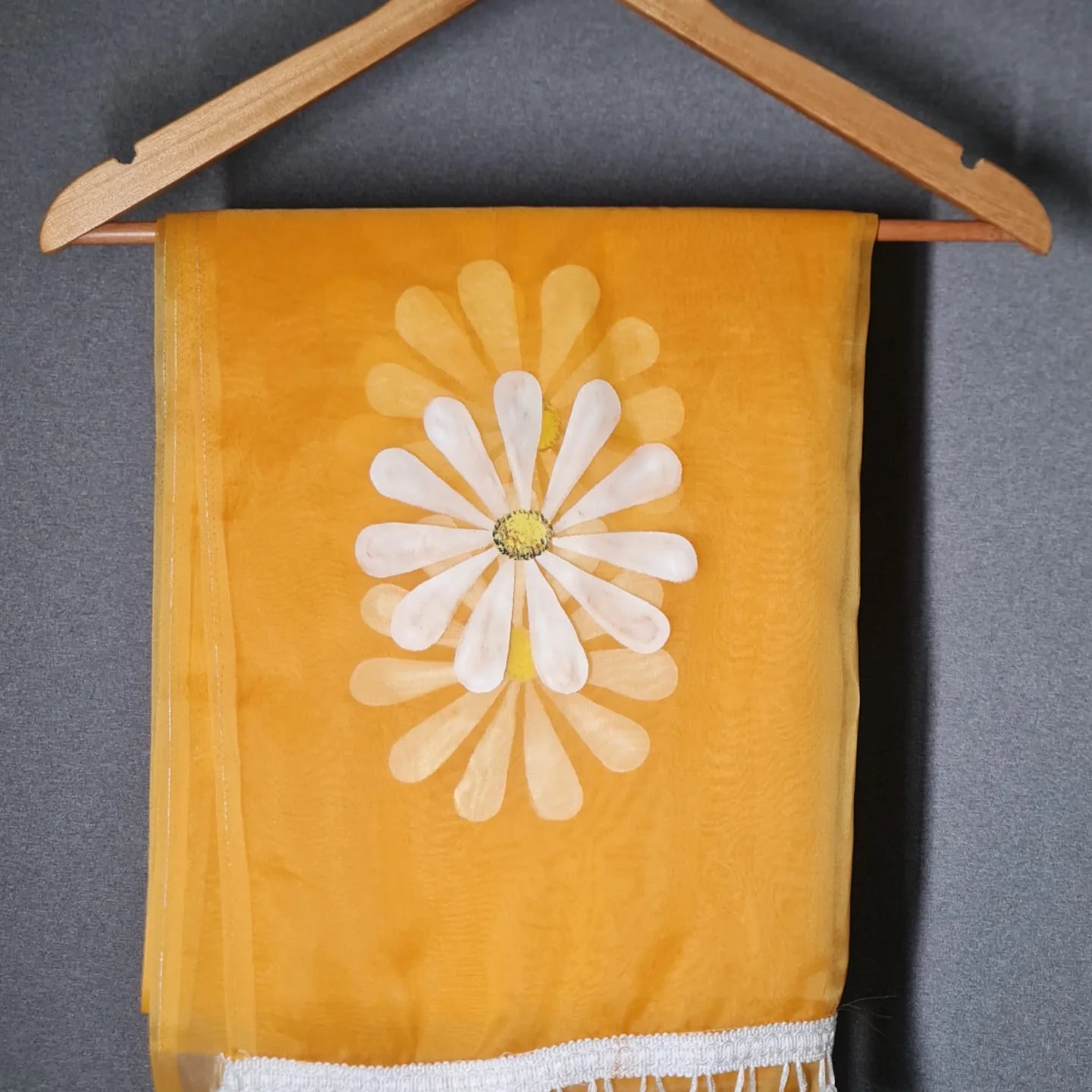 Yellow organza saree,with handpainted white Daisies