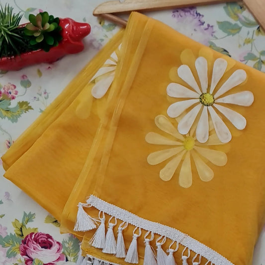 Yellow organza saree,with handpainted white Daisies