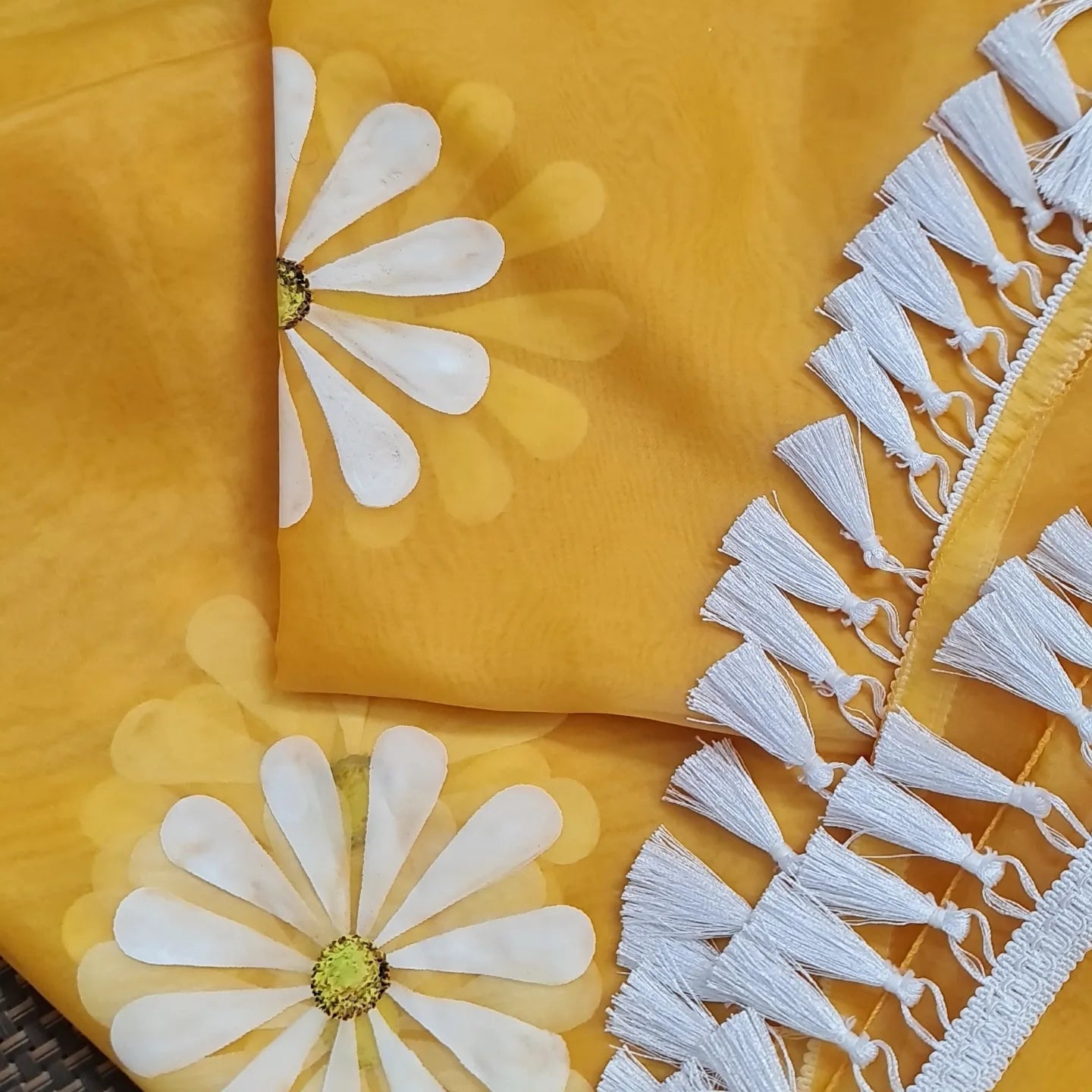 Yellow organza saree,with handpainted white Daisies