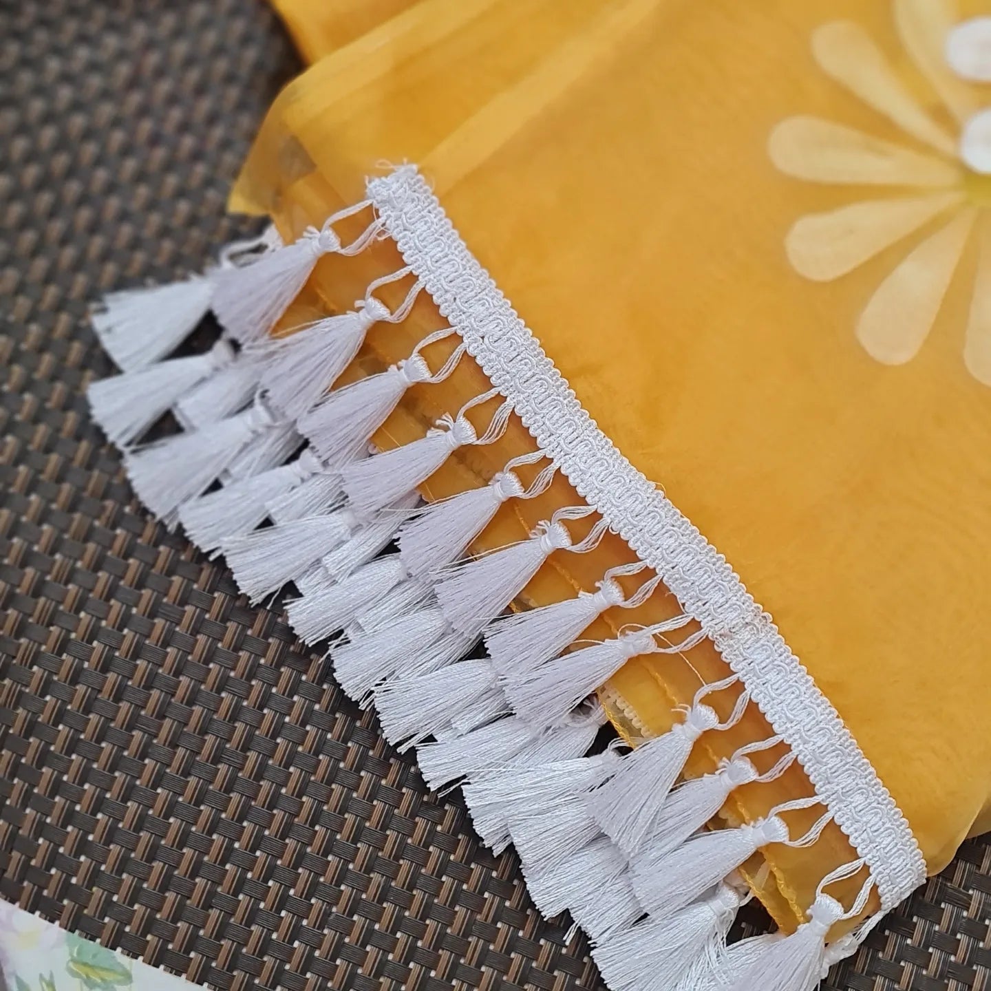 Yellow organza saree,with handpainted white Daisies