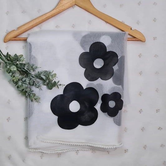 White organza saree with handpainted black daisies