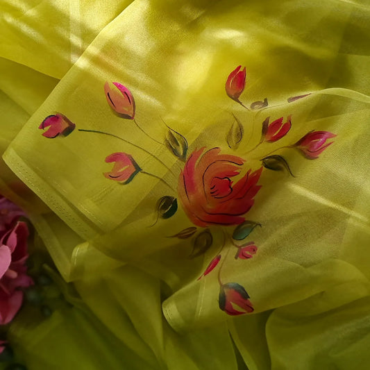 Mehendi Green,pink rose handpainted organza saree