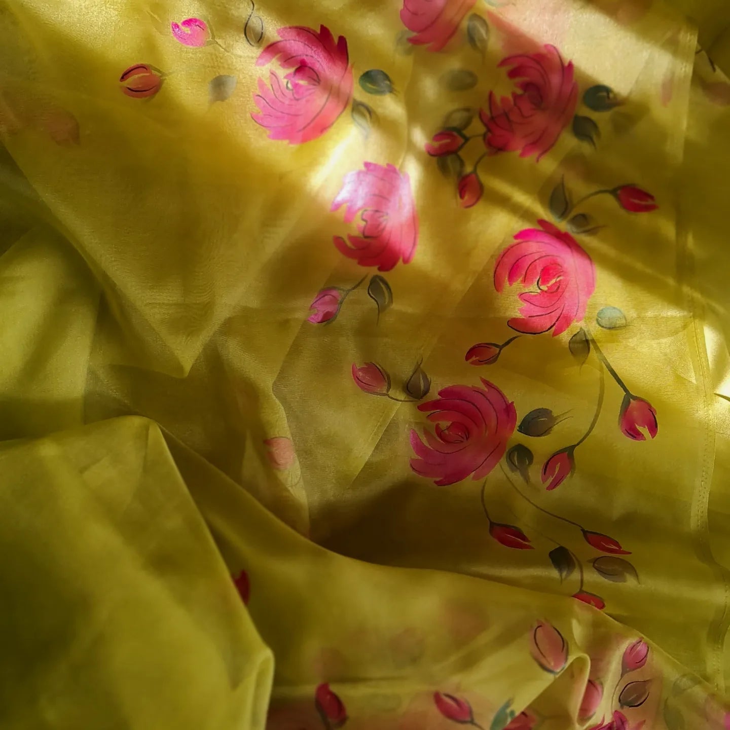 Mehendi Green,pink rose handpainted organza saree