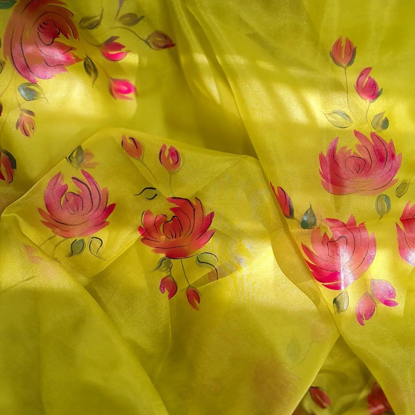 Mehendi Green,pink rose handpainted organza saree