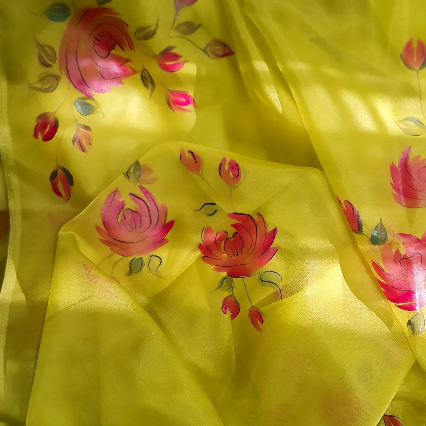 Mehendi Green,pink rose handpainted organza saree