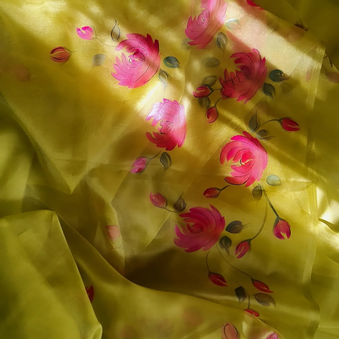 Mehendi Green,pink rose handpainted organza saree