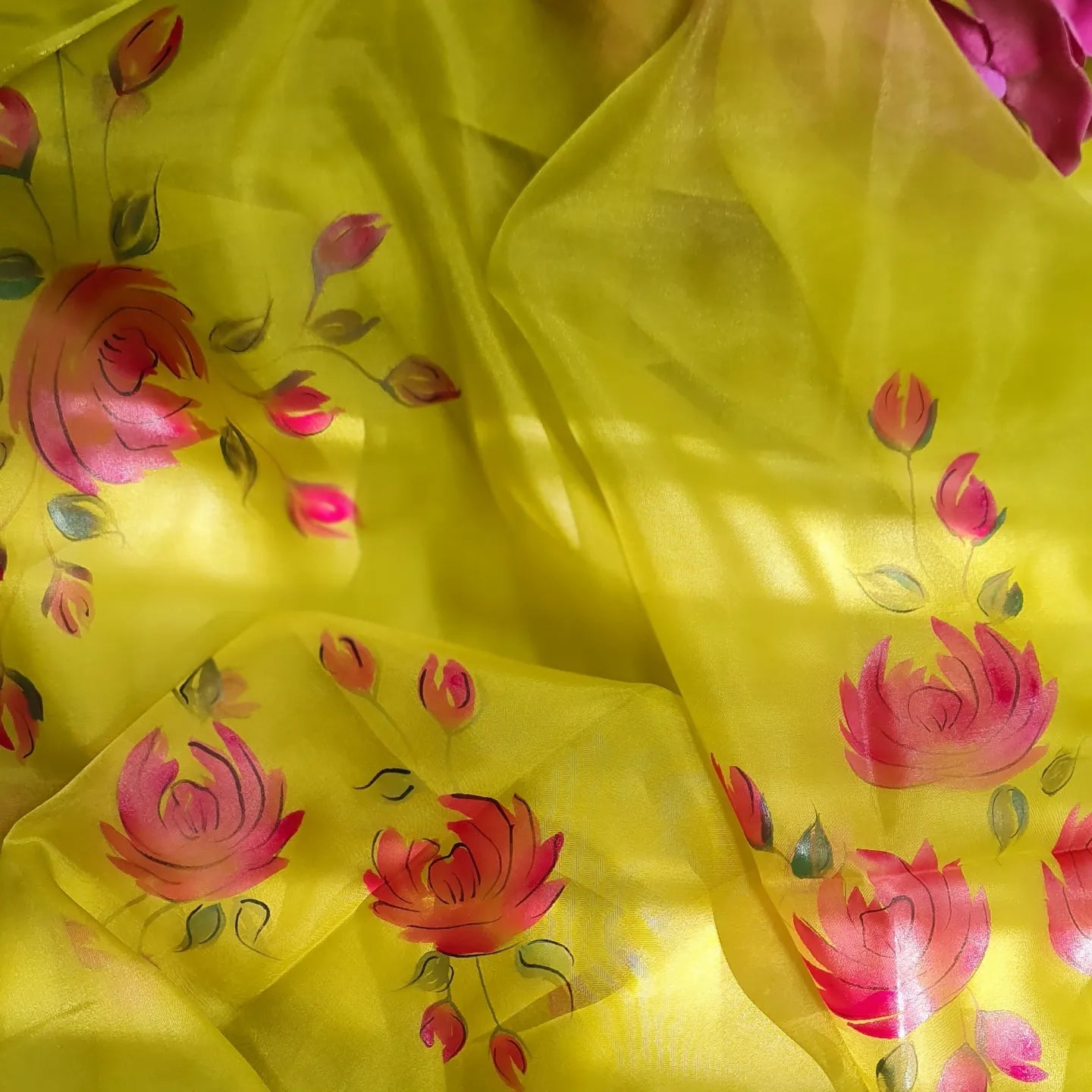 Mehendi Green,pink rose handpainted organza saree