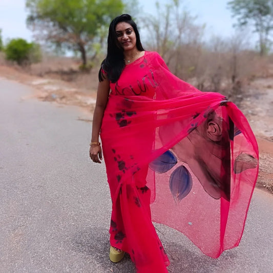 Red organza saree,with handpainted deep blue and black roses