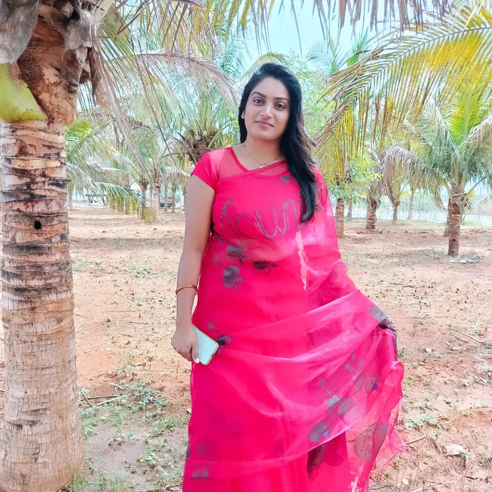 Red organza saree,with handpainted deep blue and black roses