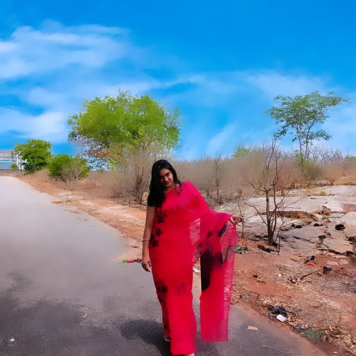 Red organza saree,with handpainted deep blue and black roses