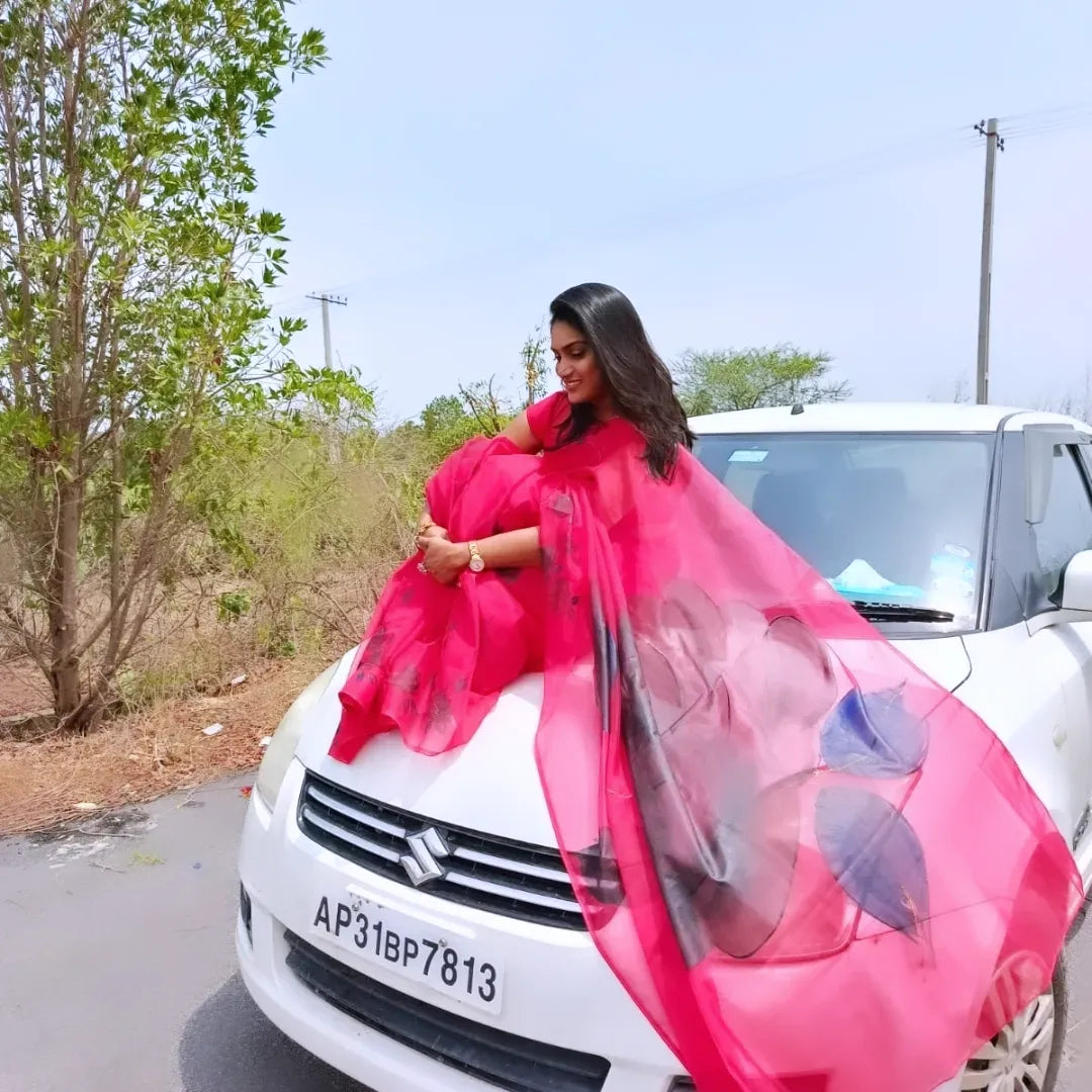 Red organza saree,with handpainted deep blue and black roses