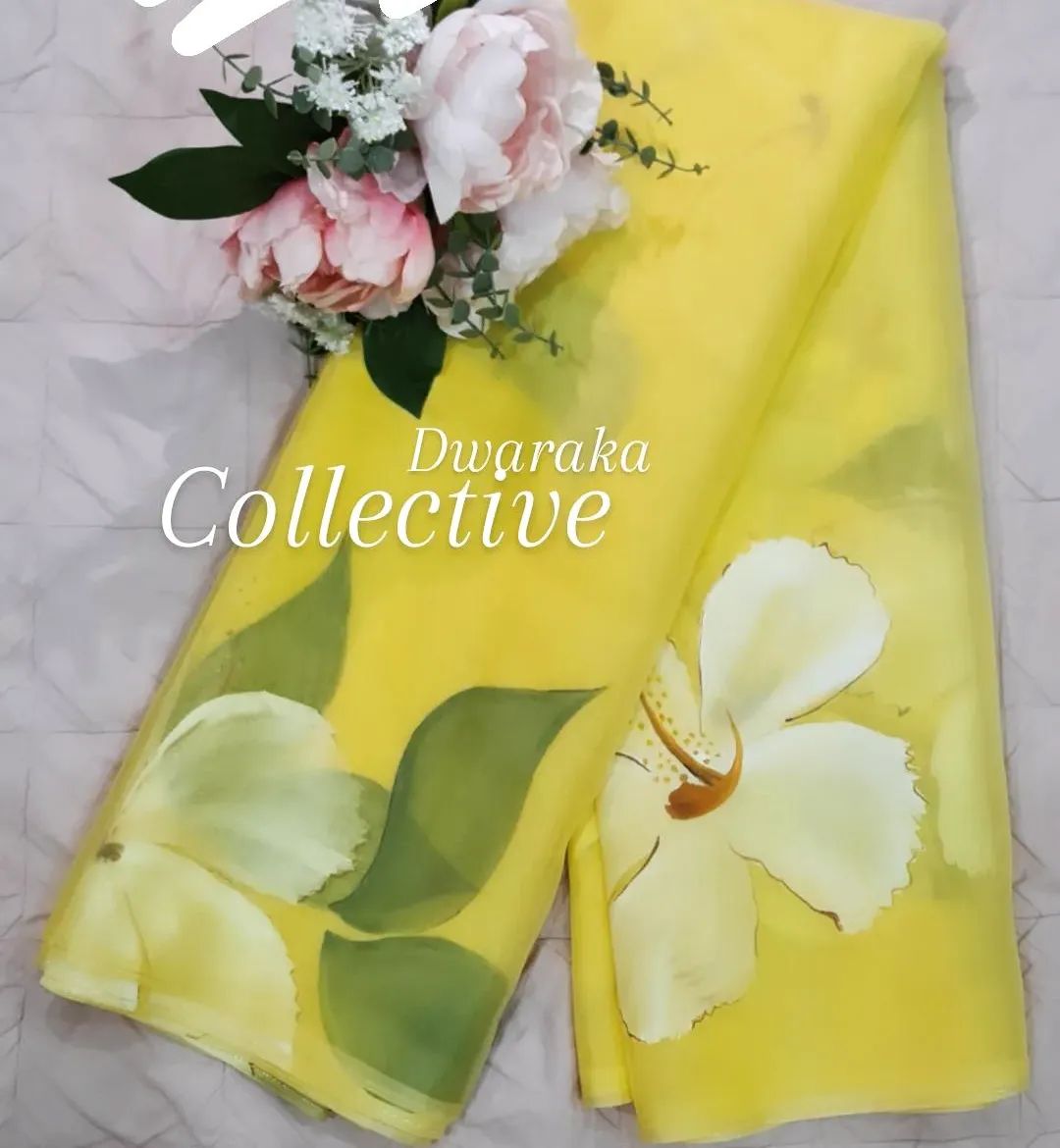 Yellow and White Hibiscus handpainted organza saree