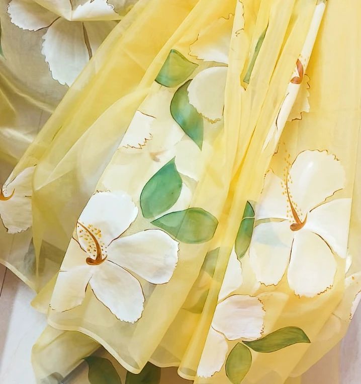 Yellow and White Hibiscus handpainted organza saree