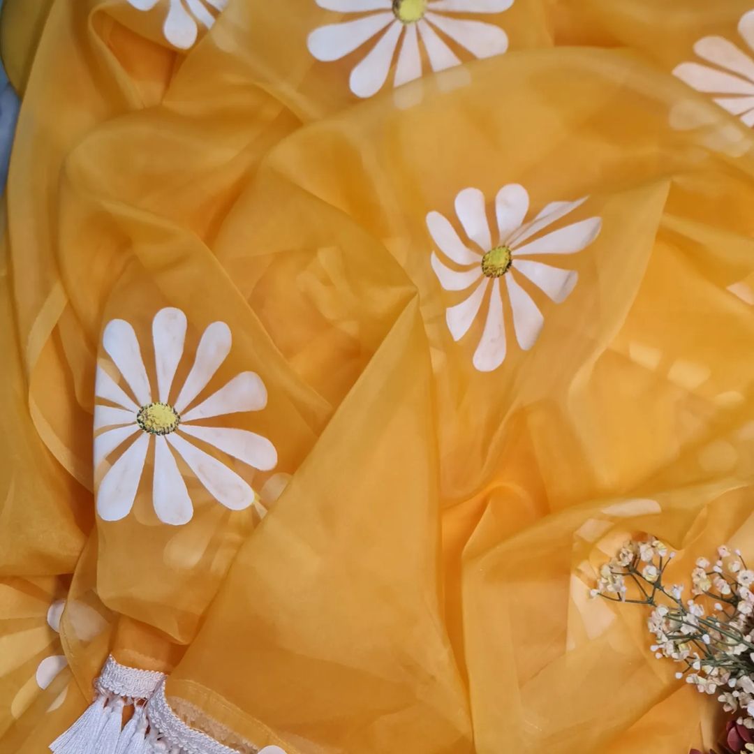 Haldi Yellow handpainted daisy saree