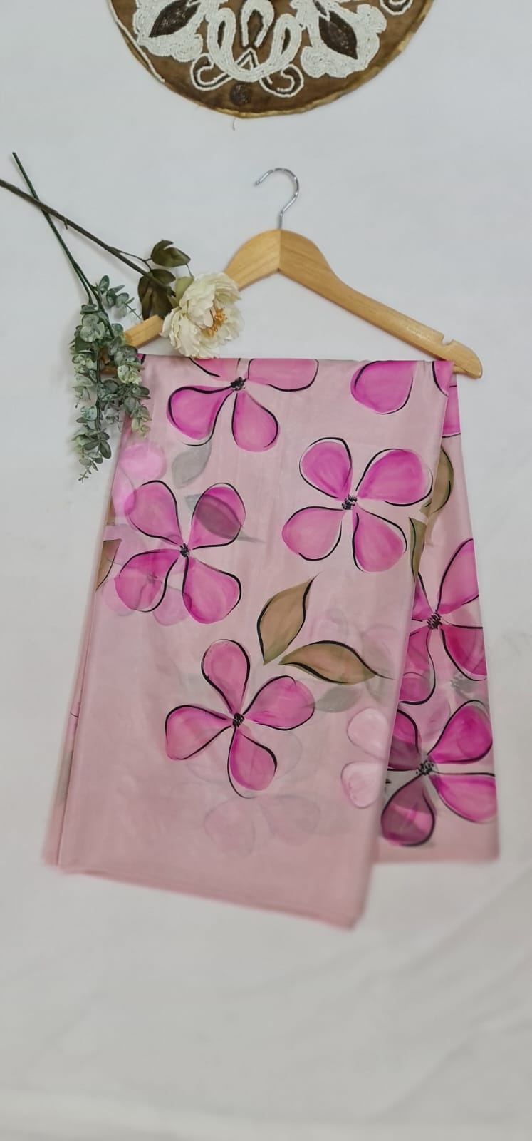 Baby Pink,handpainted Satin saree