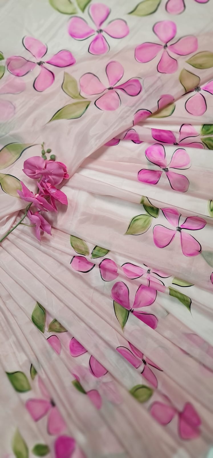 Baby Pink,handpainted Satin saree