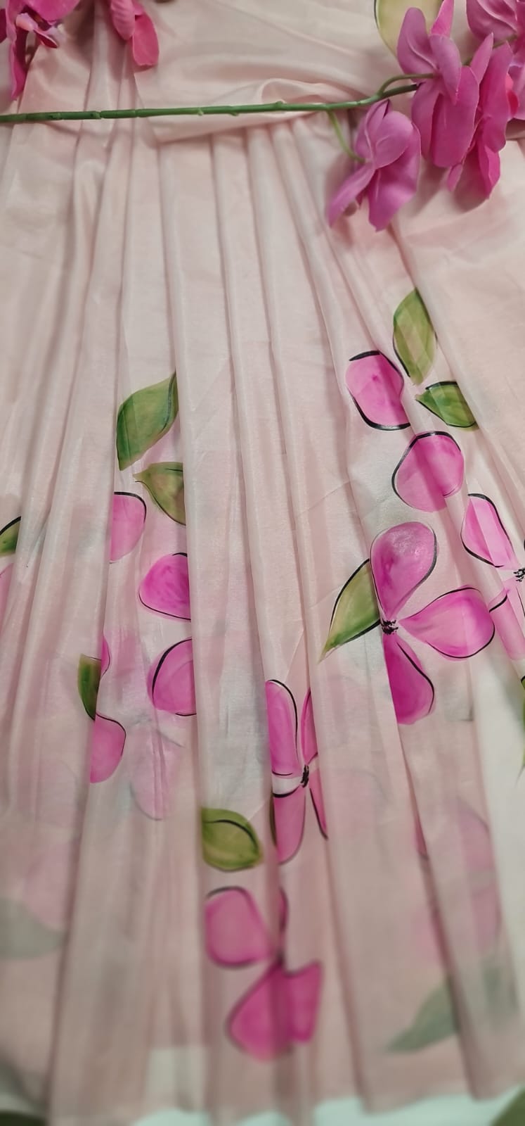 Baby Pink,handpainted Satin saree