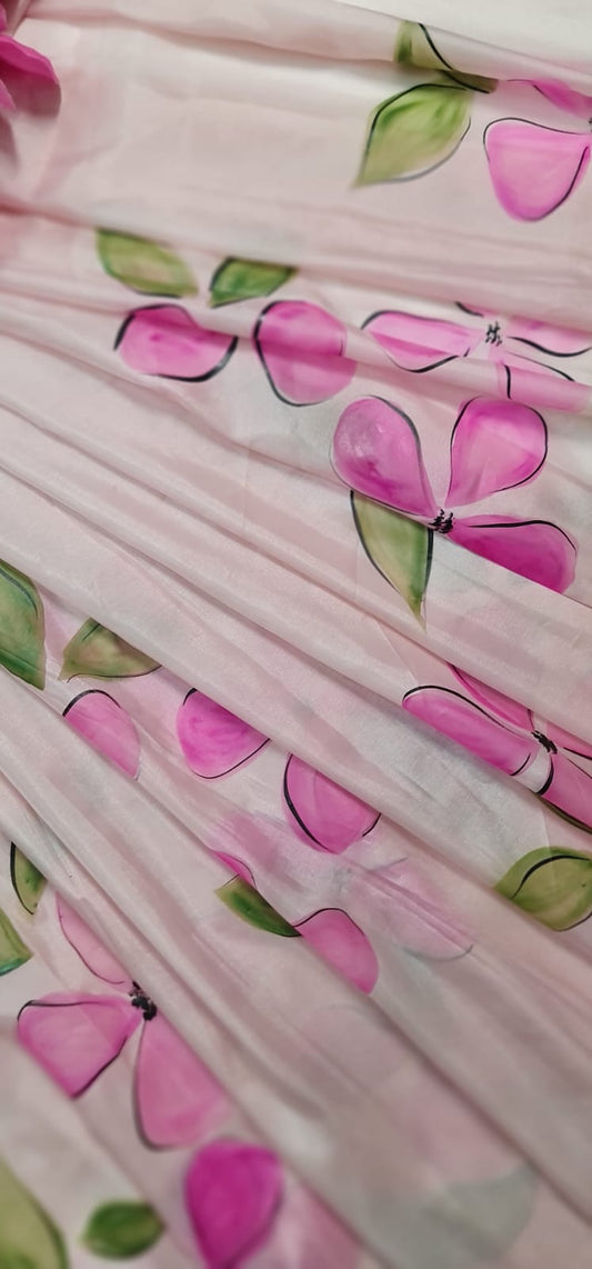 Baby Pink,handpainted Satin saree