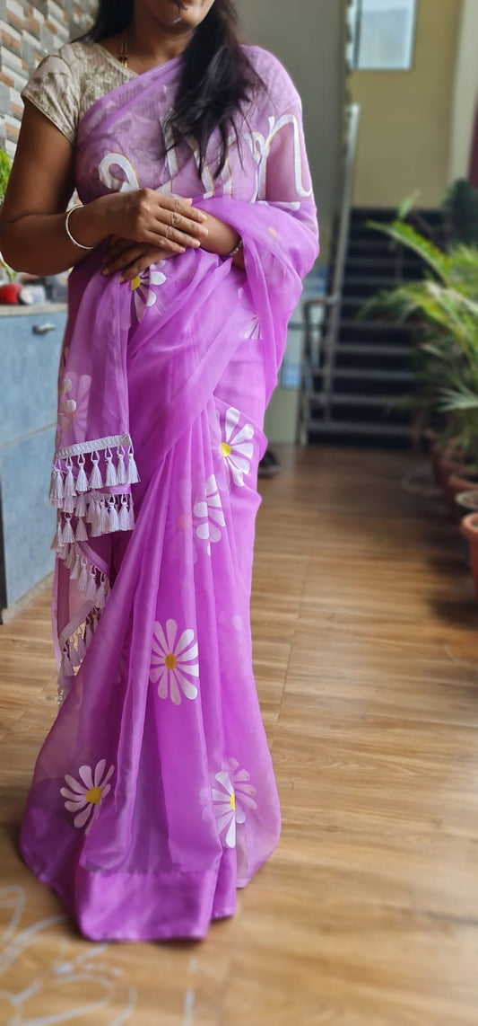 Lilac,Lavender hanpainted daisy saree